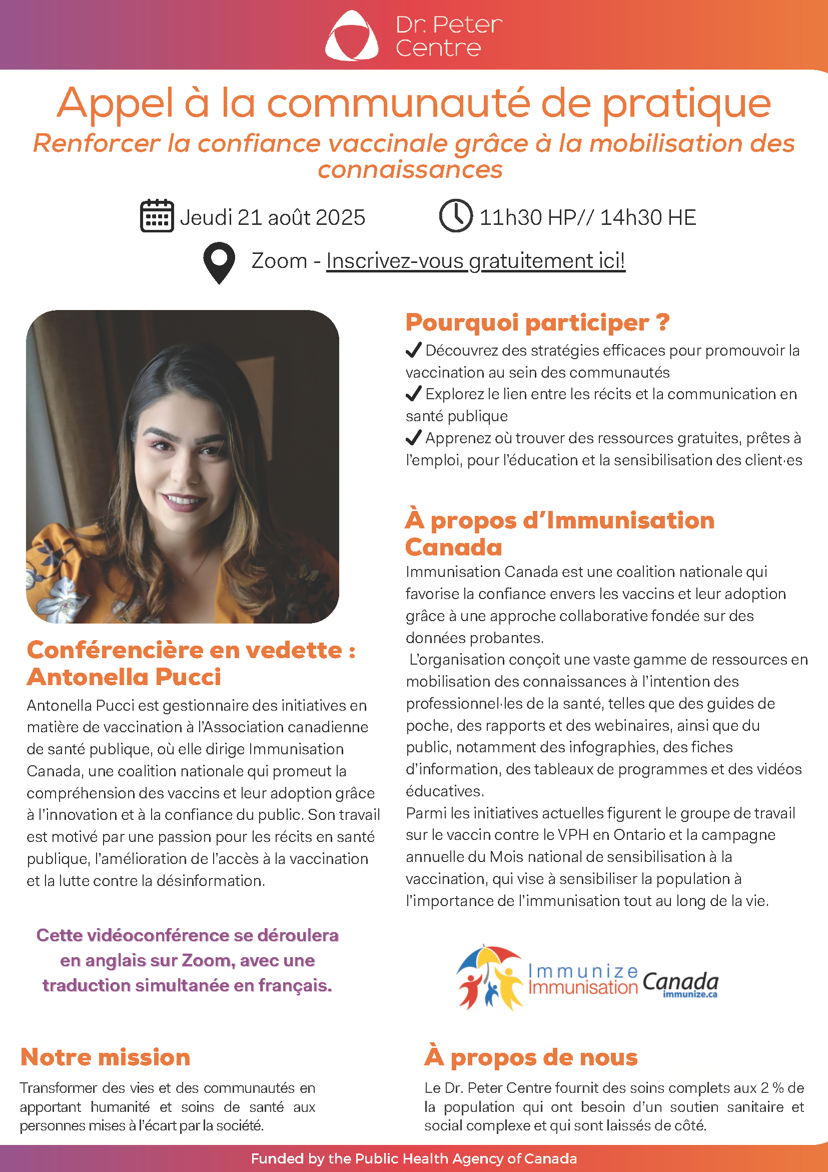 Appel à la communauté de pratique (Dr Peter Centre) | Renforcer la confiance vaccinale grâce à la mobilisation des connaissances (en anglais, avec traduction simultanée en français) - le 21 août 2025