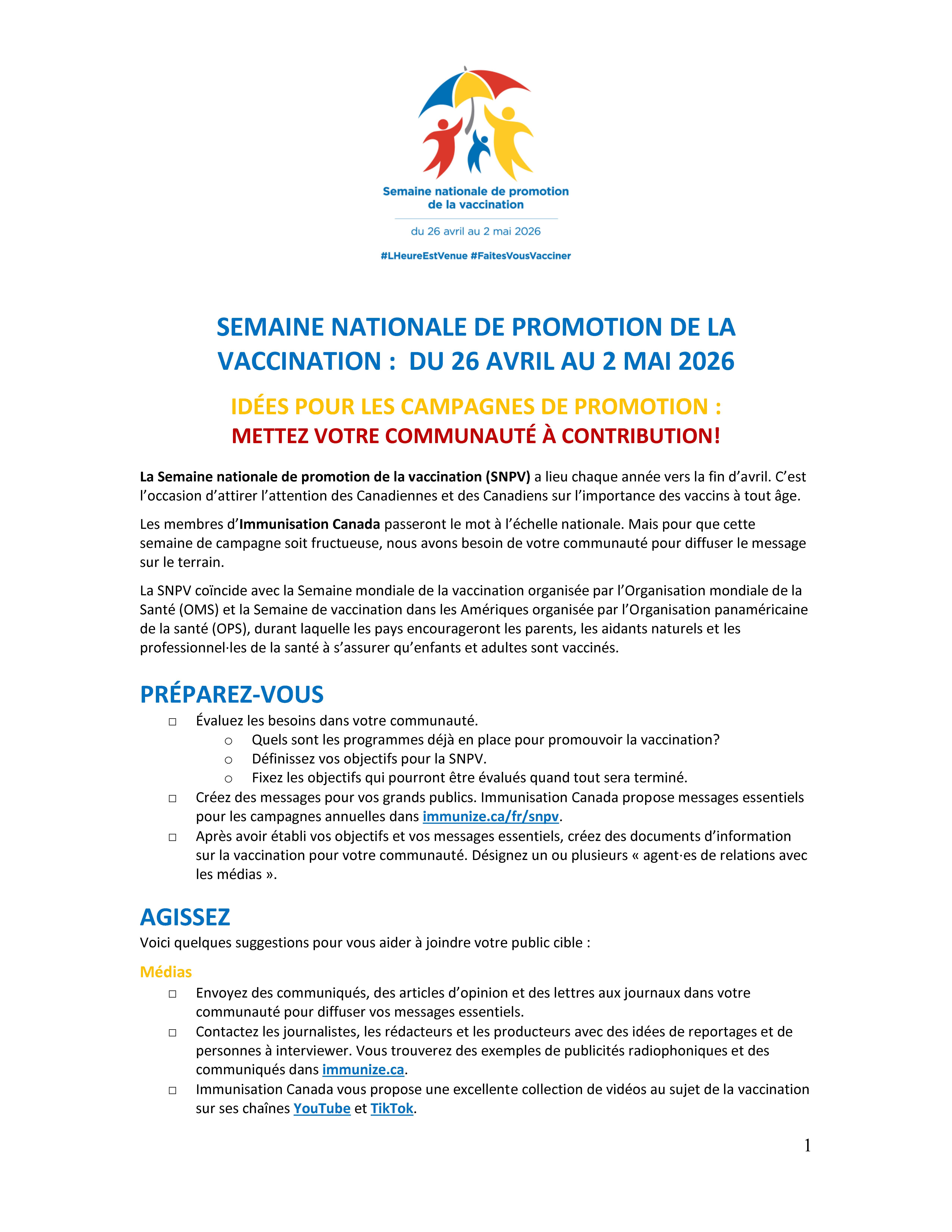 Idées pour les campagnes de promotion - Semaine nationale de promotion de la vaccination 2026