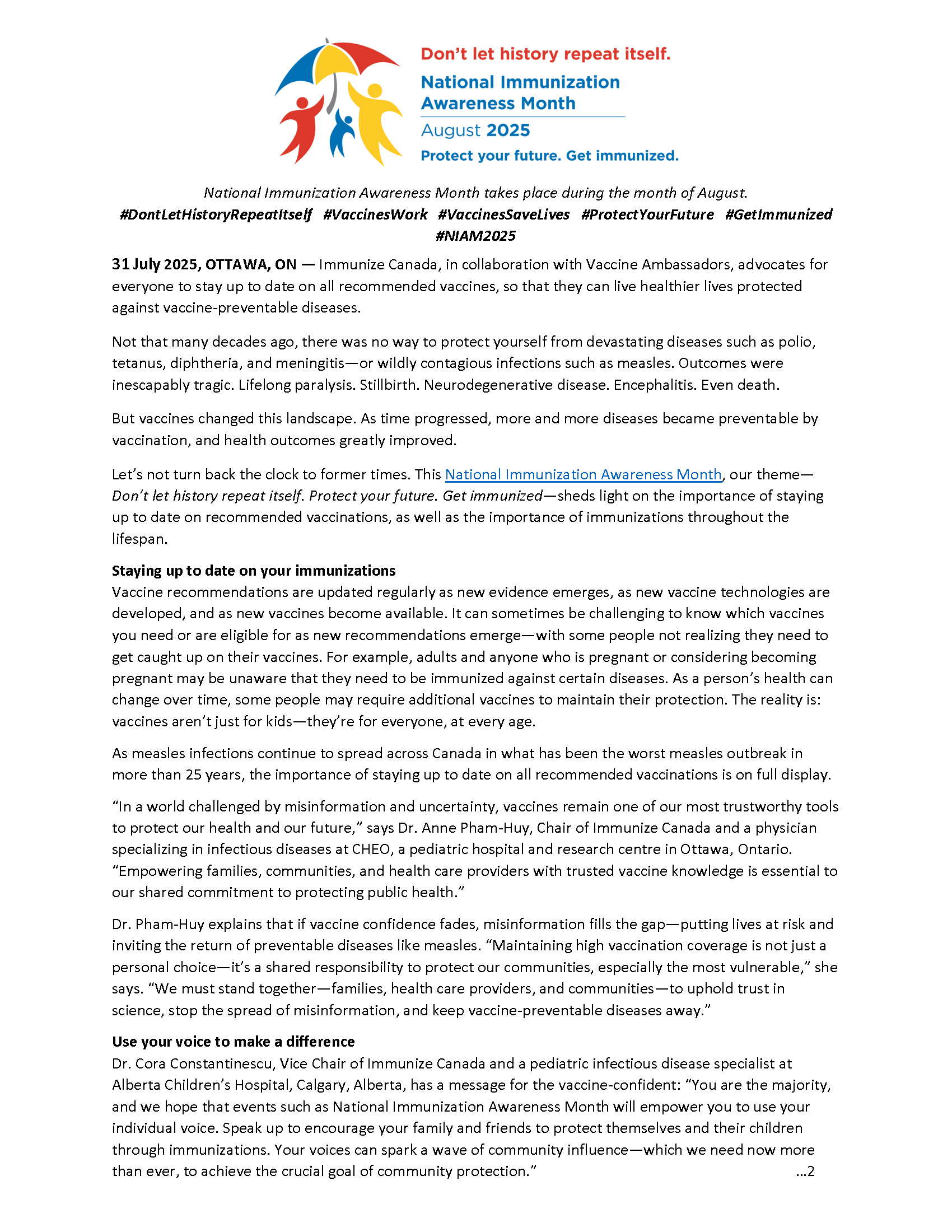 National Immunization Awareness Month 2025 media release - Immunize Canada