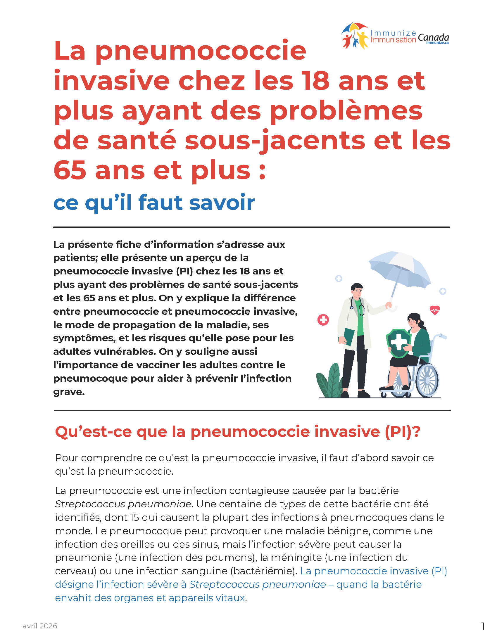 La pneumococcie invasive chez les 18 et plus ayant des problèmes de santé sous-jacents et les 65 ans et plus : ce qu'il faut savoir- fiche d'information