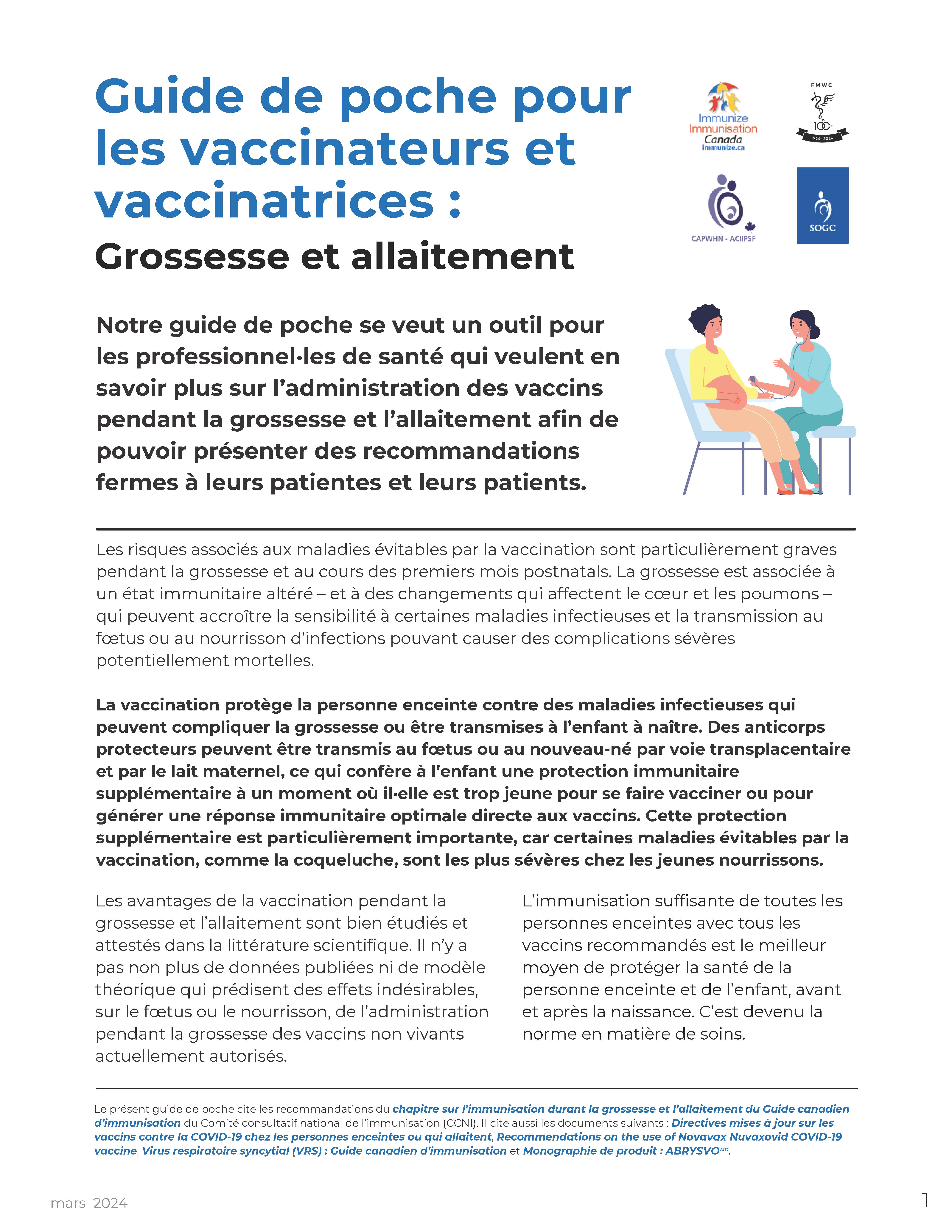 Guide de poche pour les vaccinateurs et vaccinatrices : Grossesse et allaitement